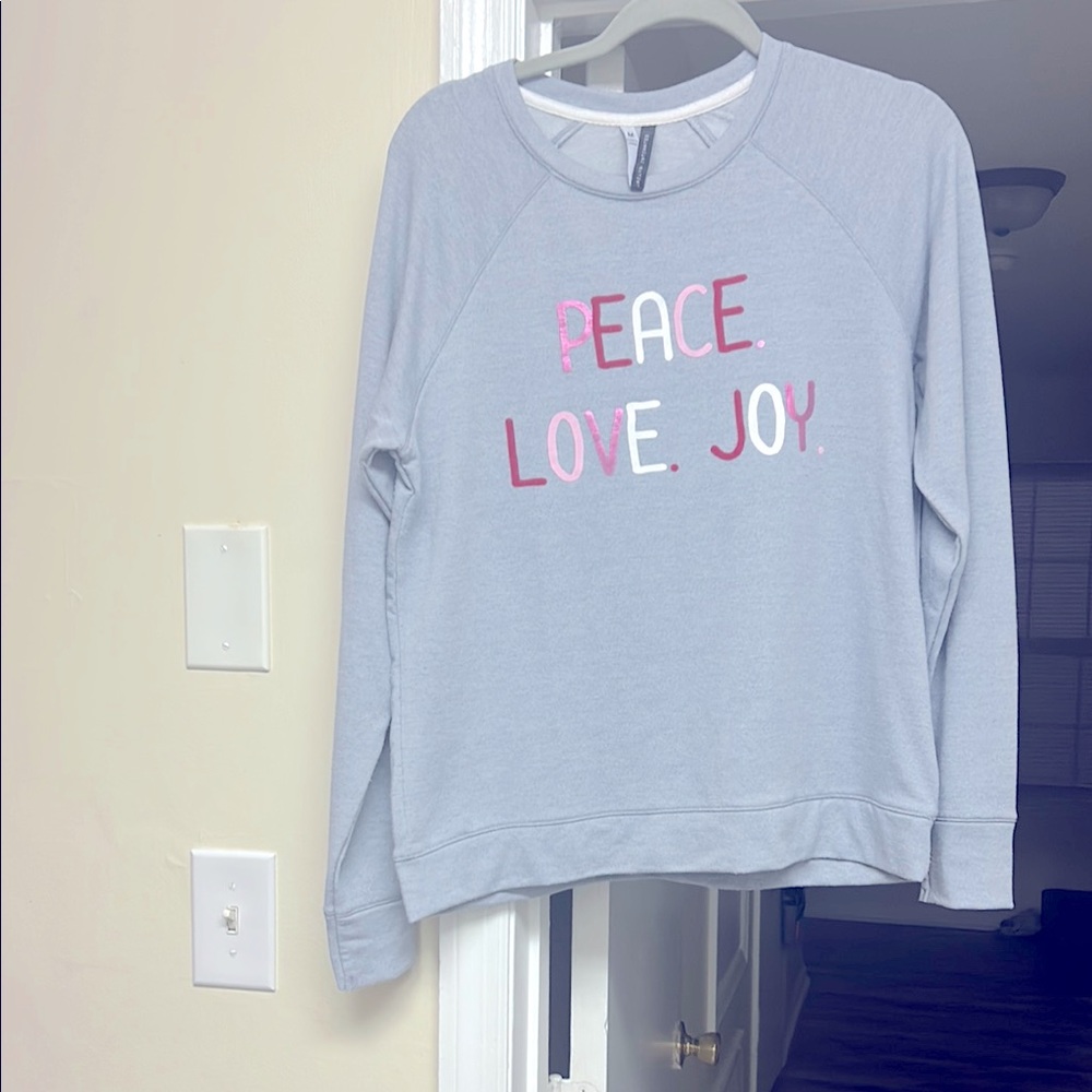 Peace Love Joy Sweatshirt, grey with white, pink, reddish wordings. Pre-loved